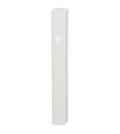 Mezouza blanche en plastique avec Shin argenté – 12 cm