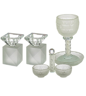 Ensemble en cristal : Bougeoirs + Coupe de Kiddouch + Salière & Poivrière avec pierres - Miketer