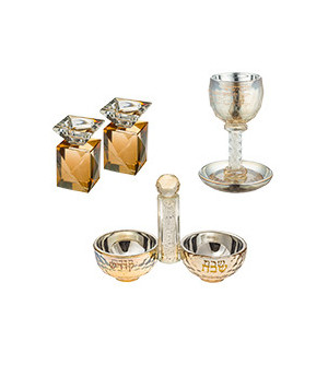 Ensemble en cristal doré : Bougeoirs + Coupe de Kiddouch + Salière & Poivrière avec pierres - Miketer