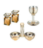 copie de Ensemble en cristal doré : Bougeoirs + Coupe de Kiddouch + Salière & Poivrière avec pierres - Miketer