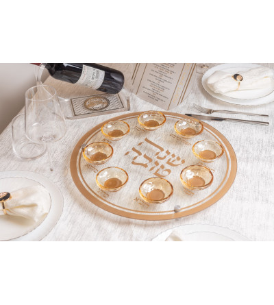 Plateau du Seder de Roch Hachana en verre et cristal Doré